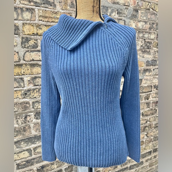 Carole Little Chunky Knit Cotton Sweater Ribbed Blue Side Zip Size Large - Picture 11 of 12